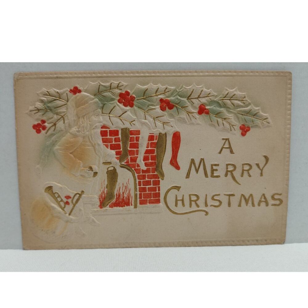 Antique Christmas Postcard Santa Claus Hanging Stockings Divided Unposted